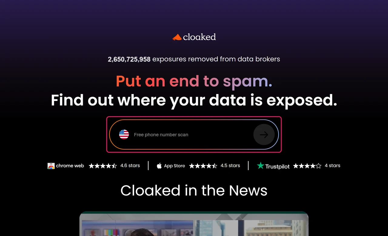 Cloaked free scan page with a single Free phone number scan field