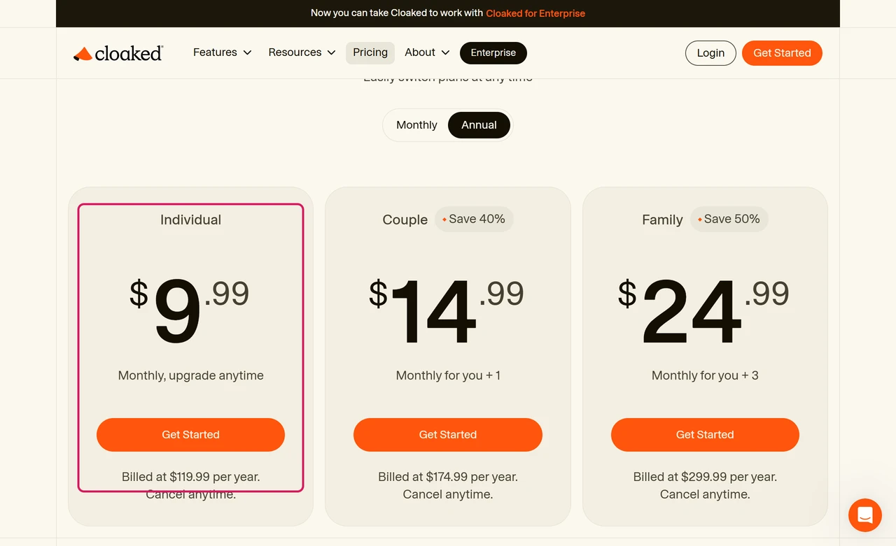 Cloaked pricing page in annual view with Individual at $9.99 a month billed at $119.99 per year