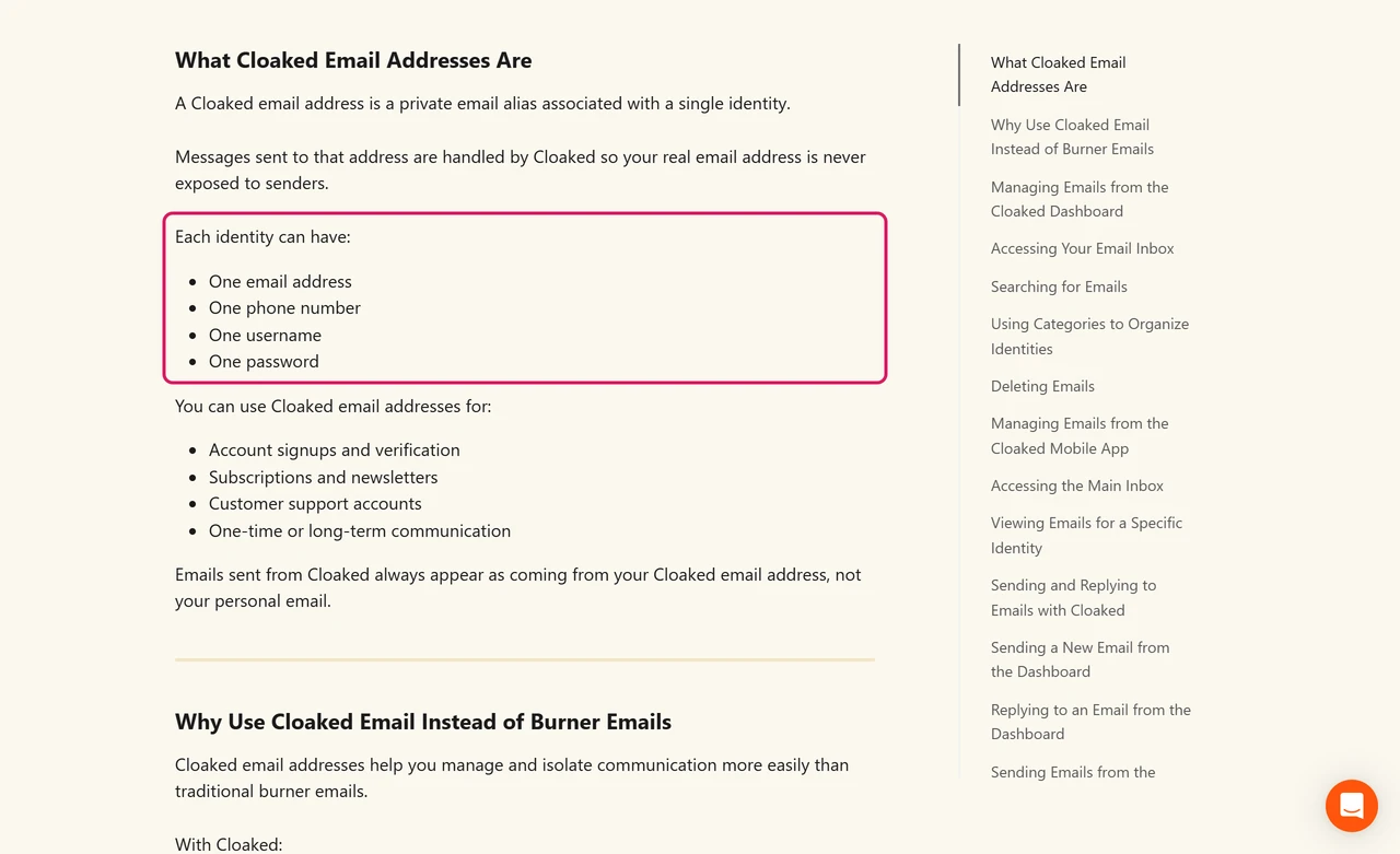 Cloaked help center article saying each identity can have one email address, one phone number, one username and one password
