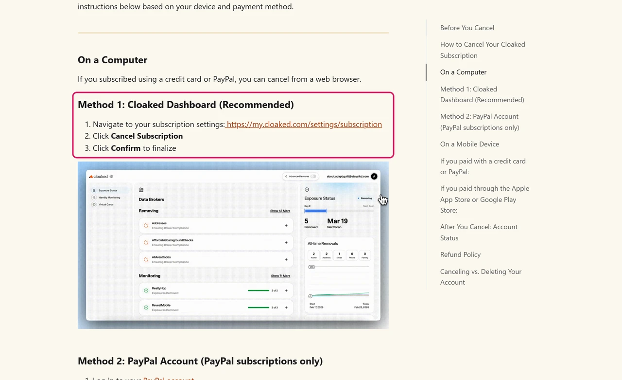 Cloaked help center cancellation steps: open subscription settings, click Cancel Subscription, click Confirm