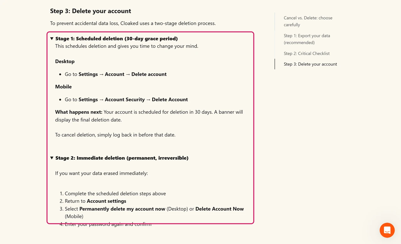 Cloaked help center article describing a scheduled deletion with a 30-day grace period and an option to permanently delete the account now