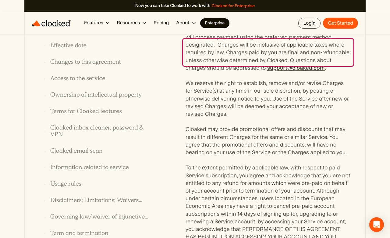 Cloaked terms of service payment section saying charges are inclusive of applicable taxes and final and non-refundable unless otherwise determined by Cloaked