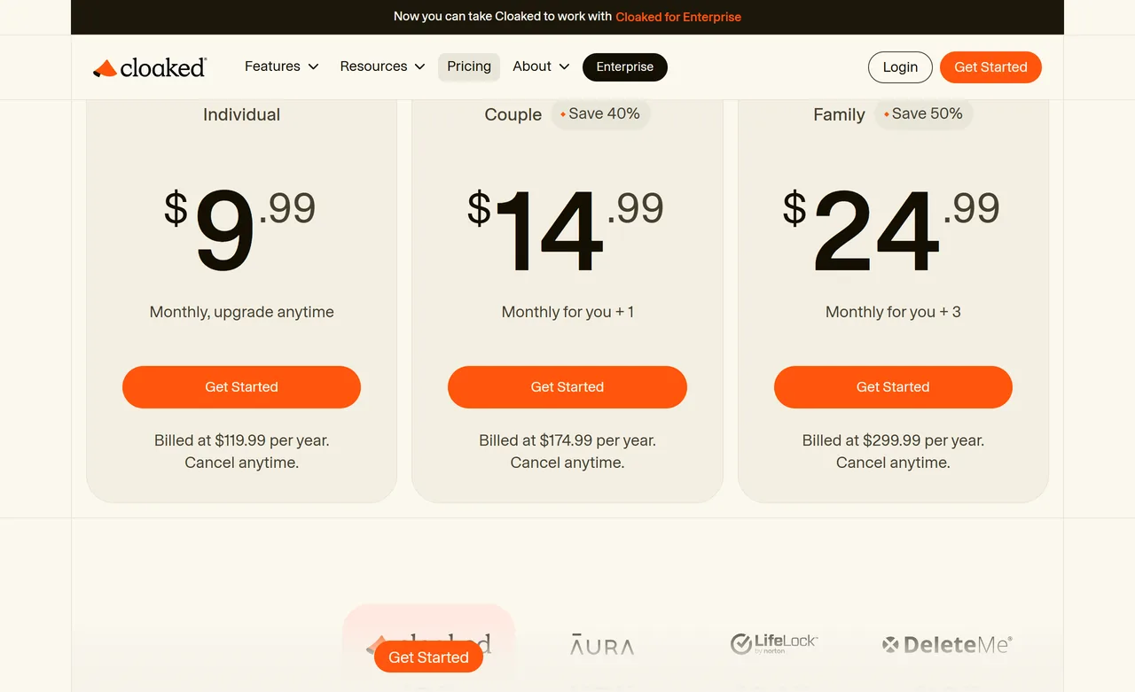 Cloaked pricing page with annual billing: Individual billed $119.99, Couple $174.99 and Family $299.99 per year
