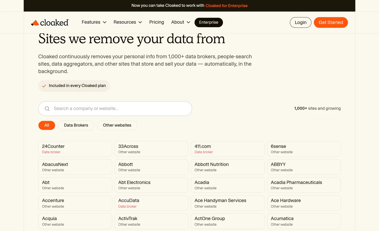 Cloaked list of sites it removes data from, with entries tagged Data broker or Other website