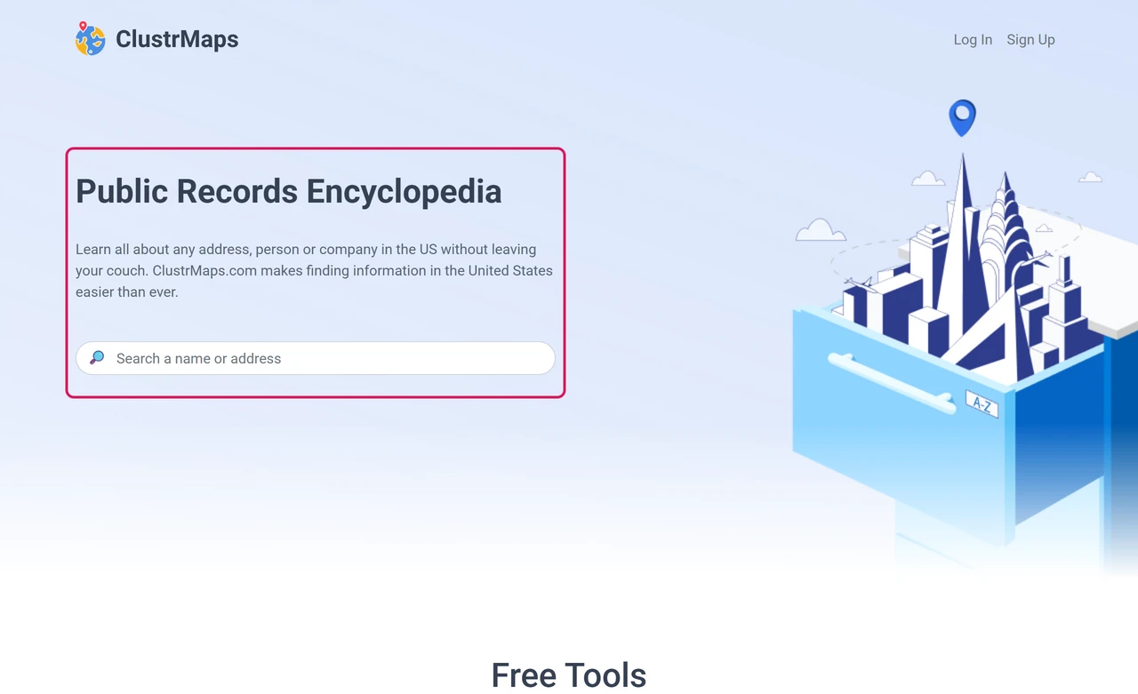 Archived ClustrMaps homepage from May 2026 headed Public Records Encyclopedia with a search box for a name or address