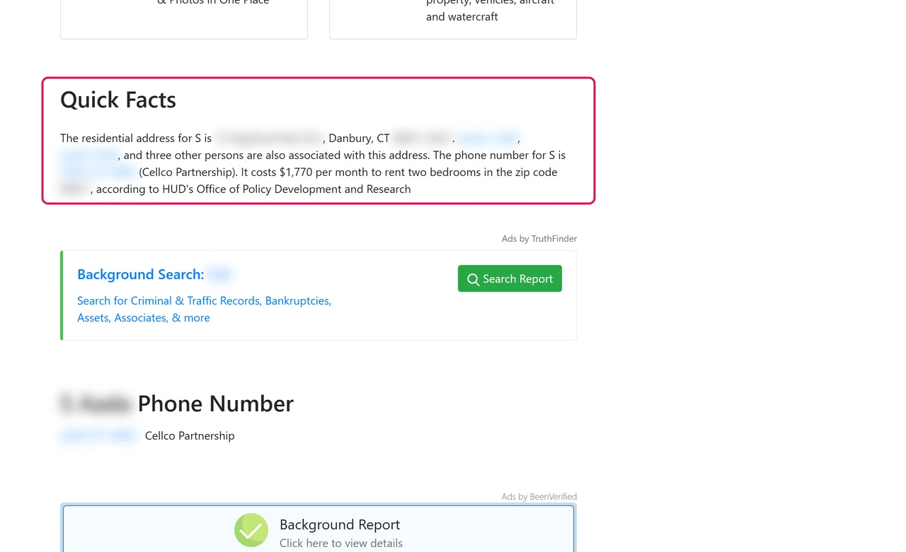 Archived ClustrMaps person page with a Quick Facts paragraph giving an address, other people at that address and a phone number, all blurred, next to TruthFinder and BeenVerified ads