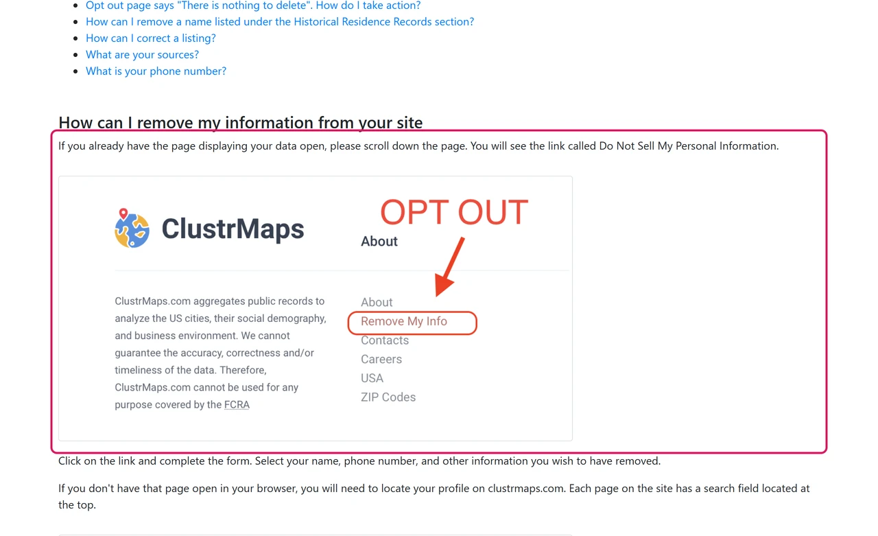Archived ClustrMaps FAQ answer telling you to scroll down your listing and click the Do Not Sell My Personal Information link, with a screenshot pointing at Remove My Info
