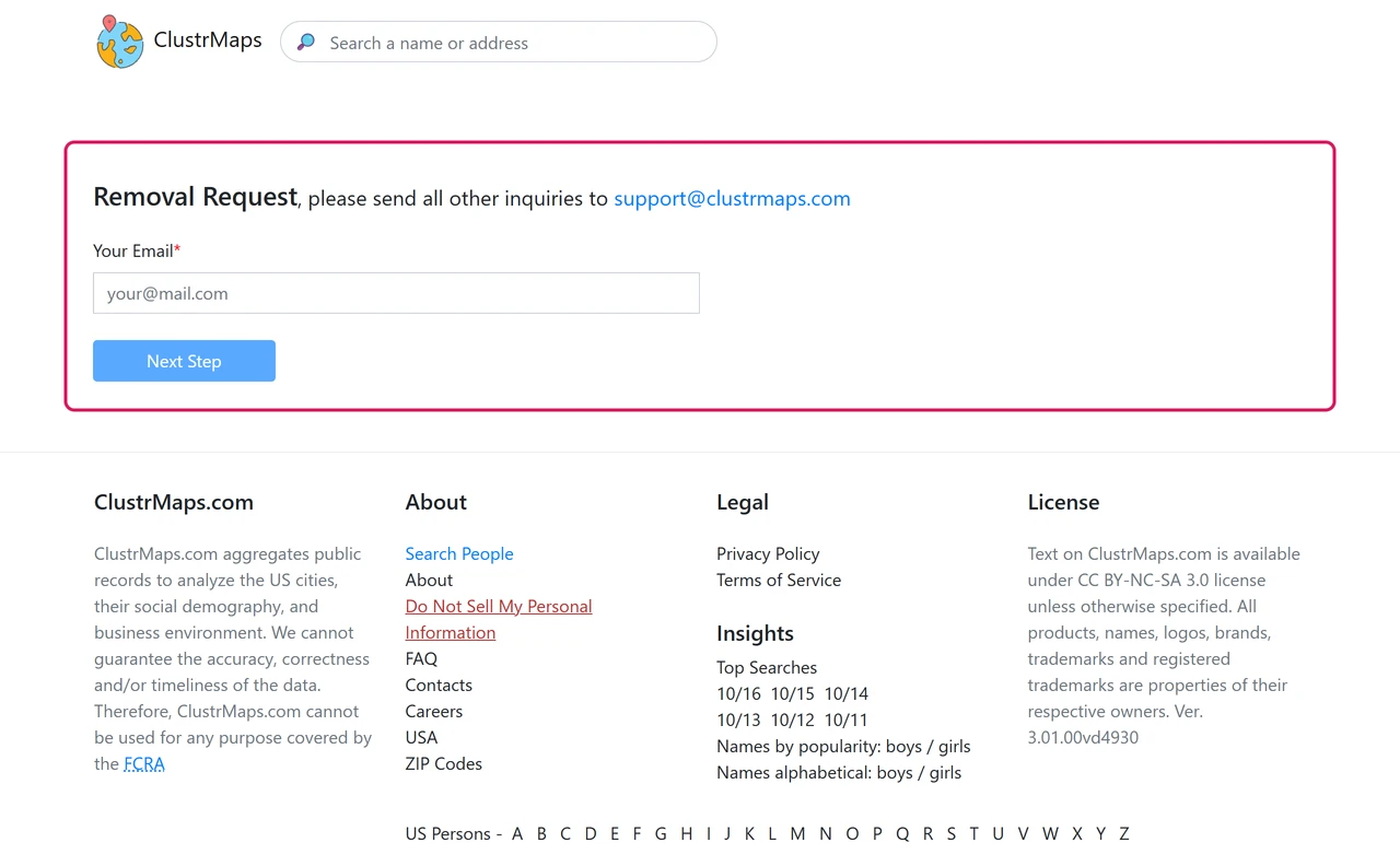 Archived ClustrMaps Removal Request form with a single required email field and a Next Step button