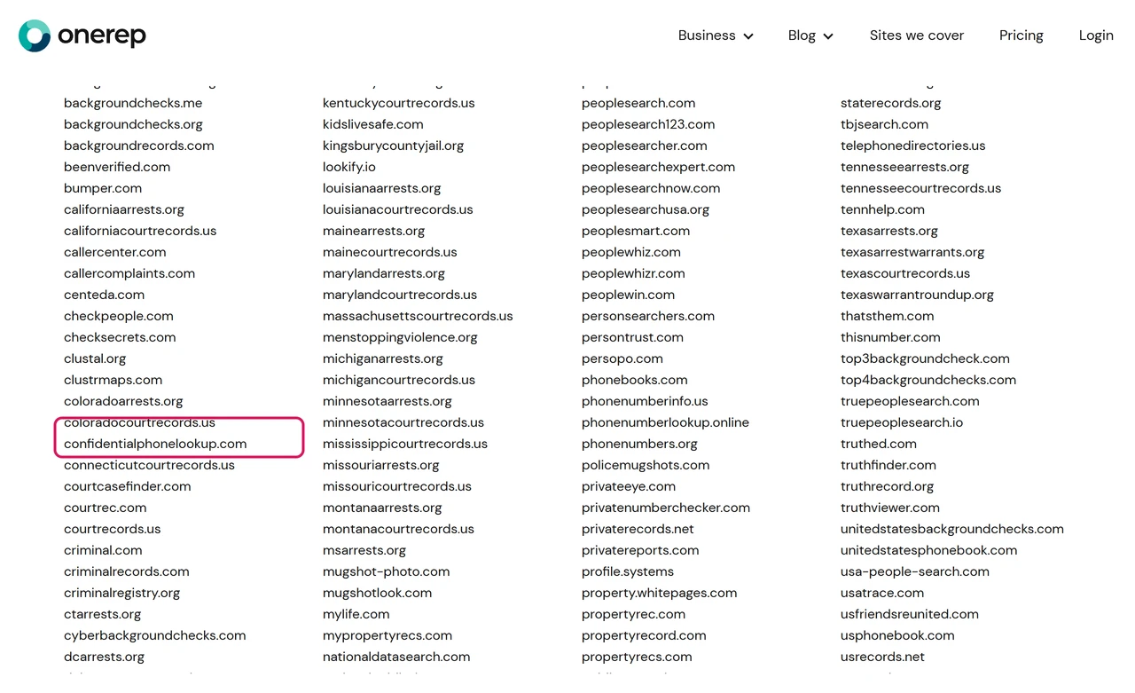 OneRep's published list of covered sites showing clustrmaps.com between clustal.org and coloradoarrests.org