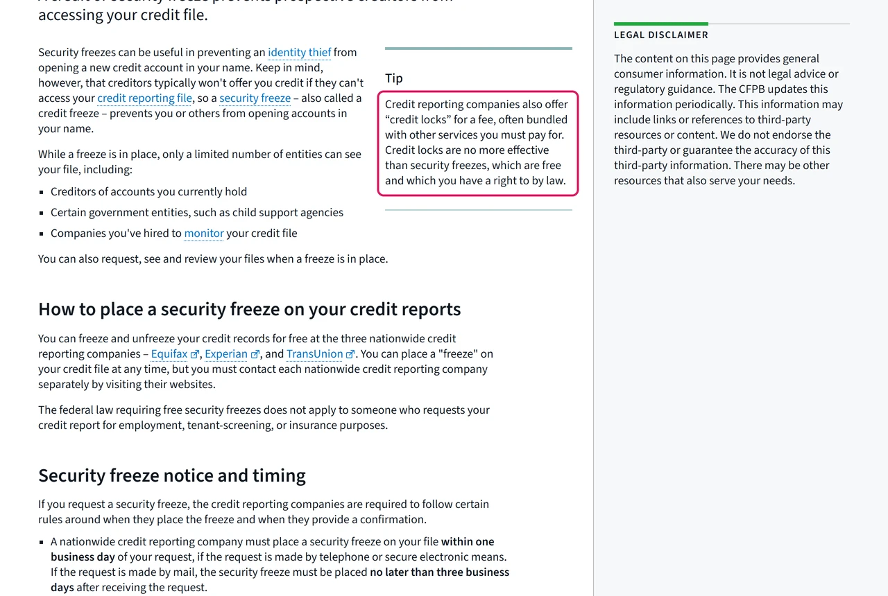 CFPB page tip saying credit locks are offered for a fee and are no more effective than security freezes, which are free by law