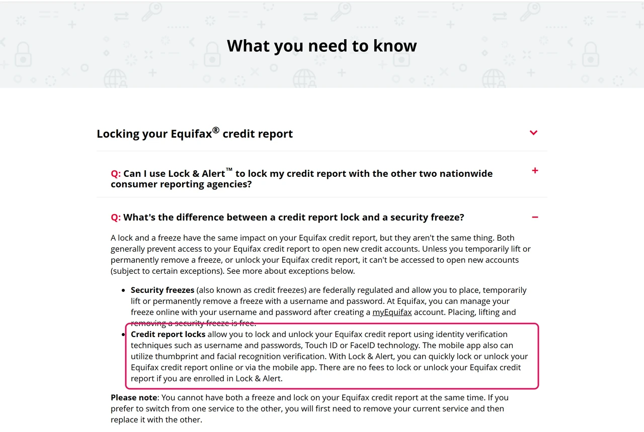 Equifax Lock and Alert FAQ explaining that a lock and a freeze have the same impact and that locking is free if you enroll in Lock and Alert