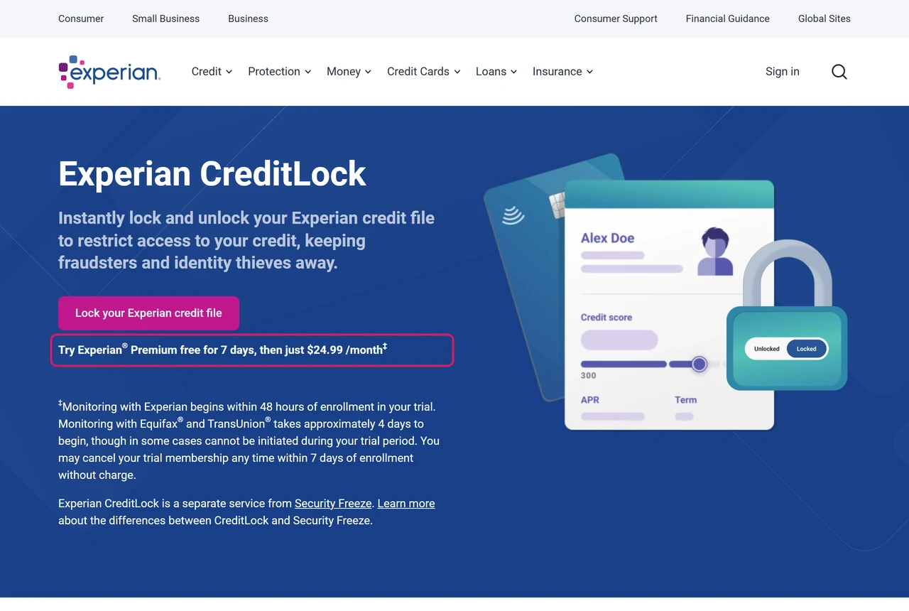 Experian CreditLock page offering Experian Premium free for 7 days, then 24.99 dollars a month