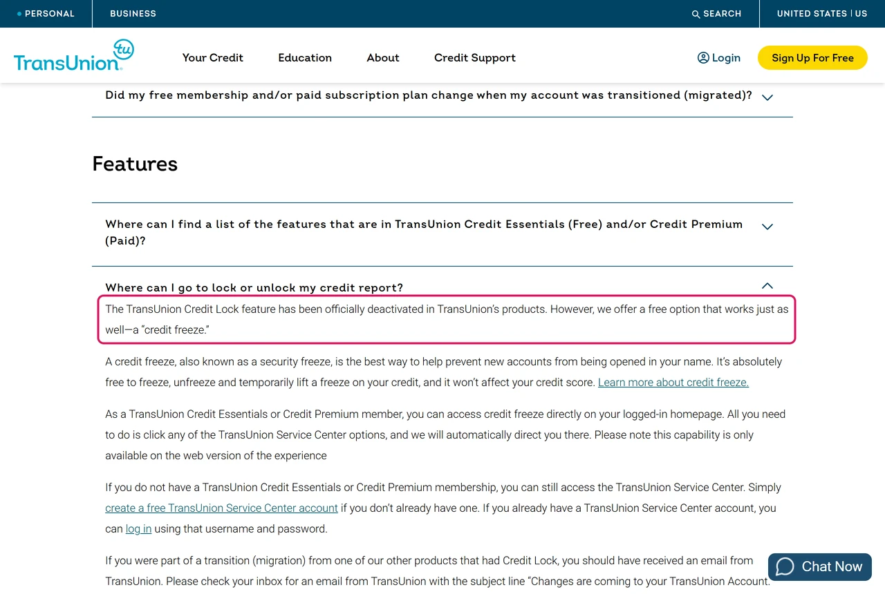 TransUnion help center answer saying the TransUnion Credit Lock feature has been officially deactivated and pointing to a free credit freeze
