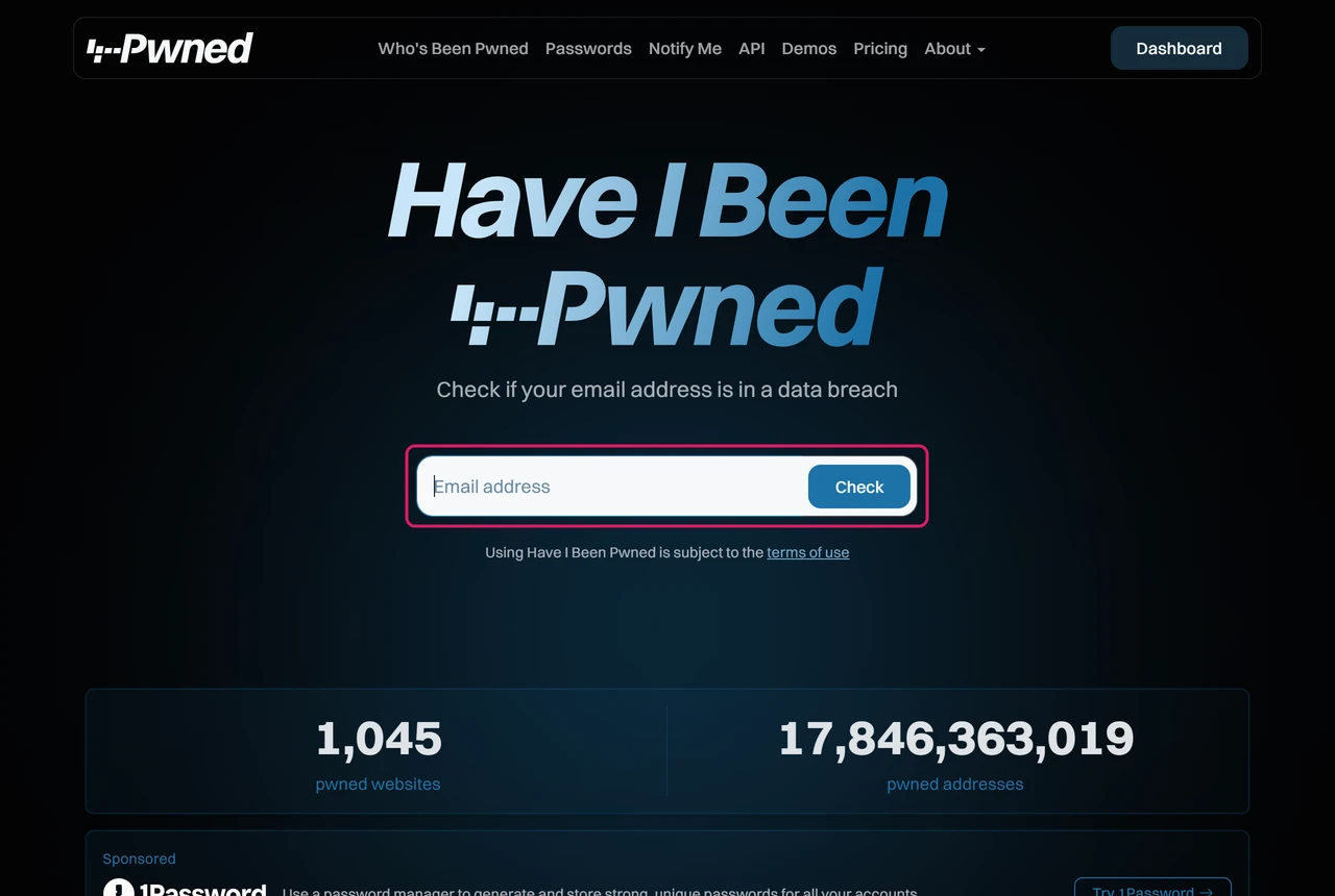 Have I Been Pwned home page with an email search box, 1,045 pwned websites and 17,846,363,019 pwned addresses