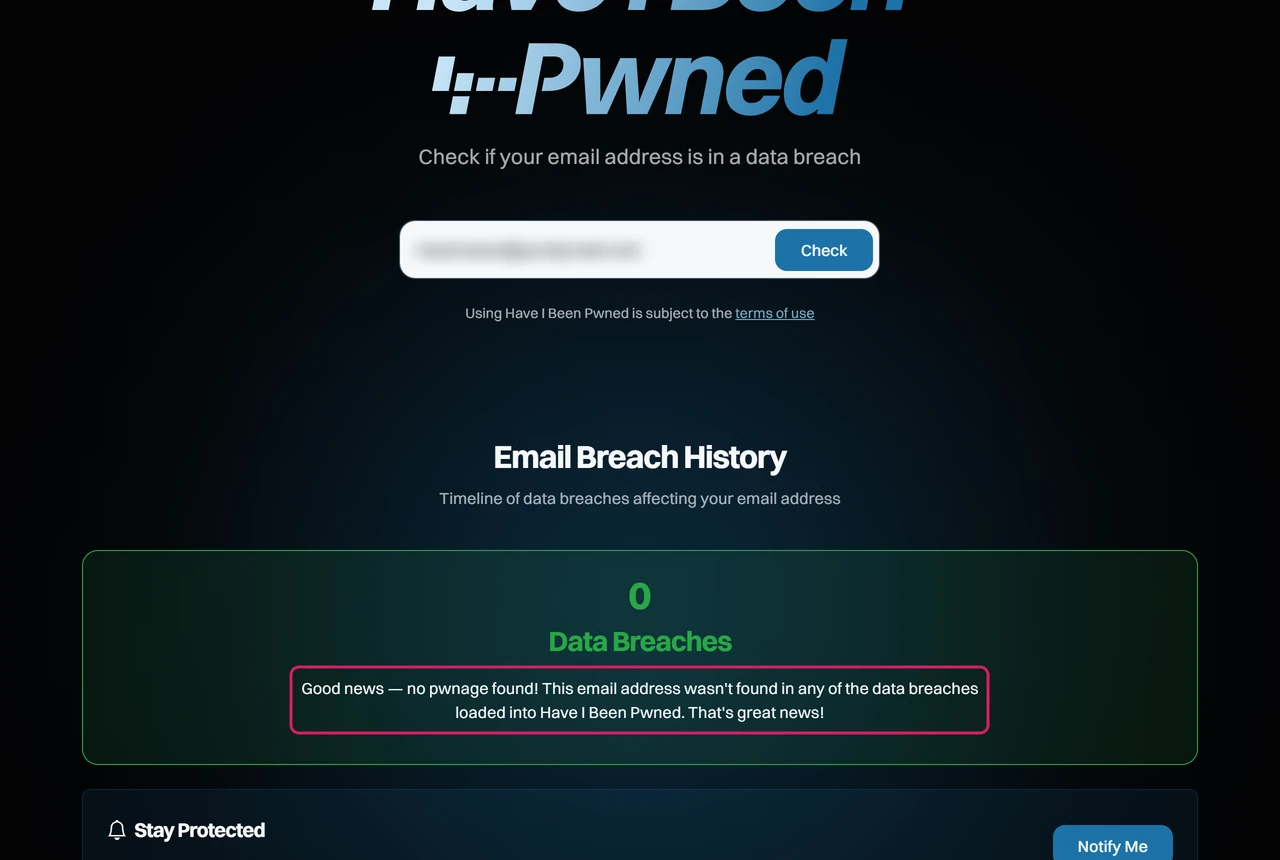 Have I Been Pwned result showing 0 data breaches for our test email address