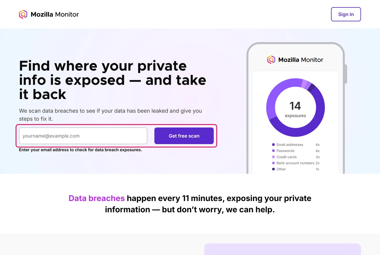 Mozilla Monitor home page with an email field and a Get free scan button