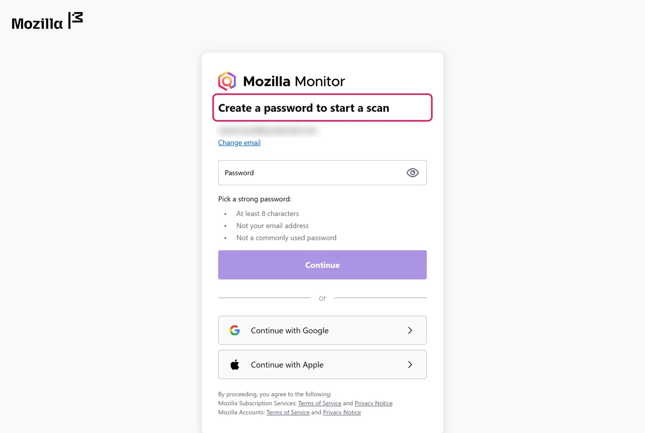 Mozilla account screen asking to create a password to start a Monitor scan