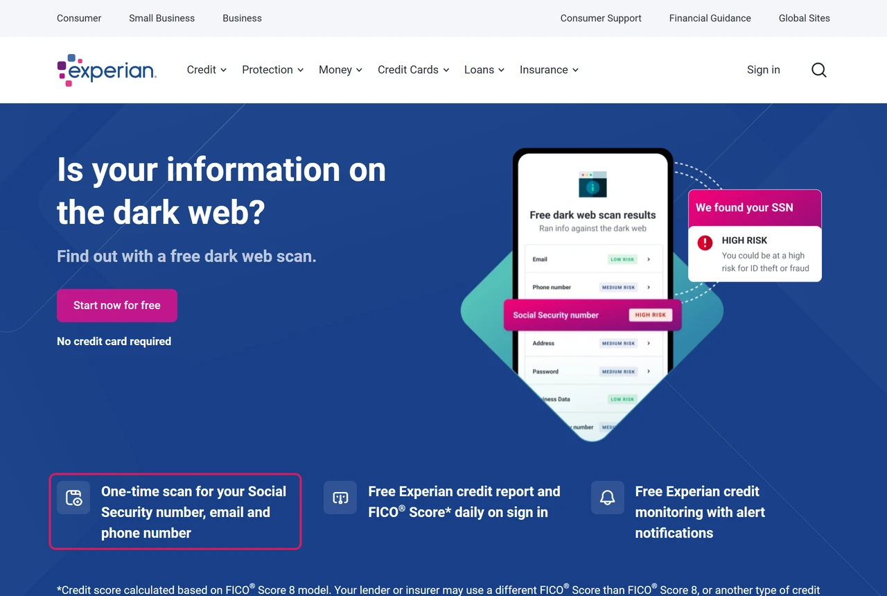 Experian free dark web scan page promising a one-time scan for your Social Security number, email and phone number