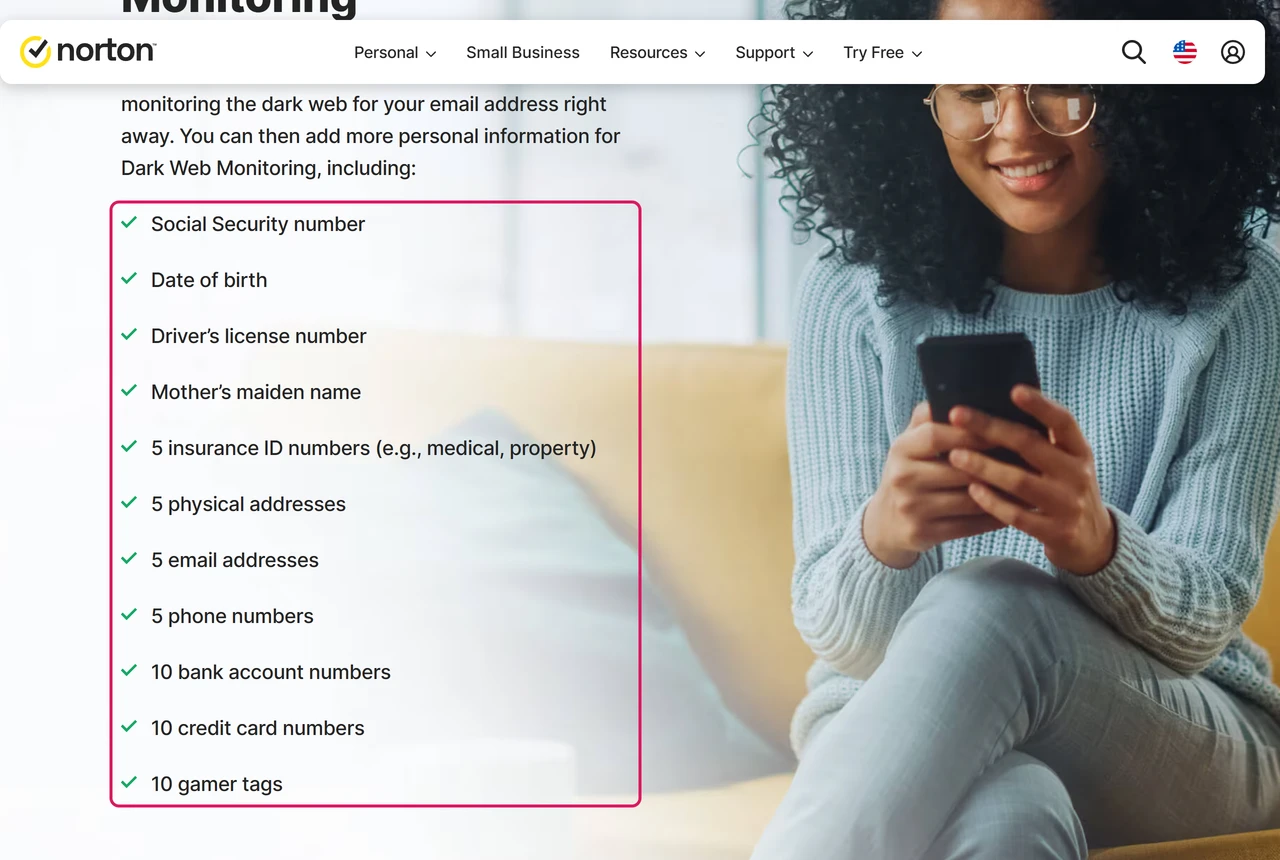 Norton page listing what LifeLock dark web monitoring can watch: SSN, date of birth, driver's license, 5 emails, 5 phone numbers, 10 bank and 10 card numbers