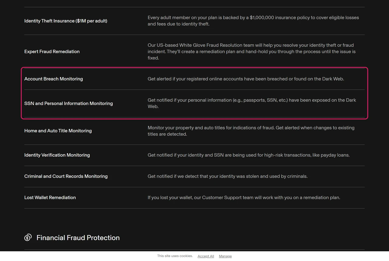 Aura feature list: Account Breach Monitoring and SSN and Personal Information Monitoring for the dark web
