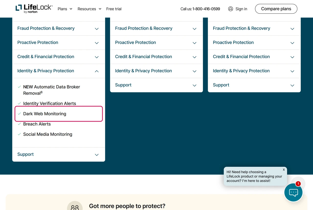 LifeLock Core plan card with Identity and Privacy Protection opened, listing Dark Web Monitoring and Breach Alerts