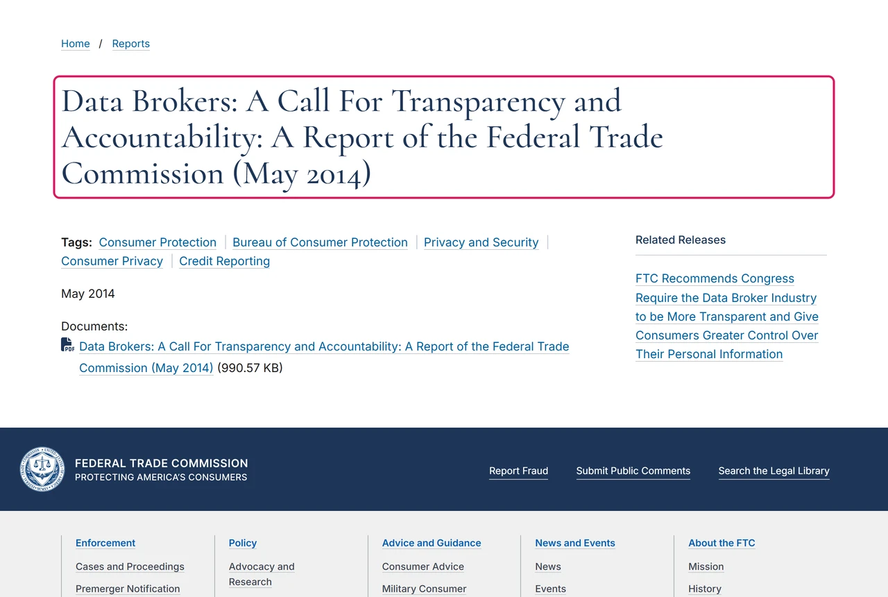 FTC report page titled Data Brokers: A Call For Transparency and Accountability: A Report of the Federal Trade Commission (May 2014)