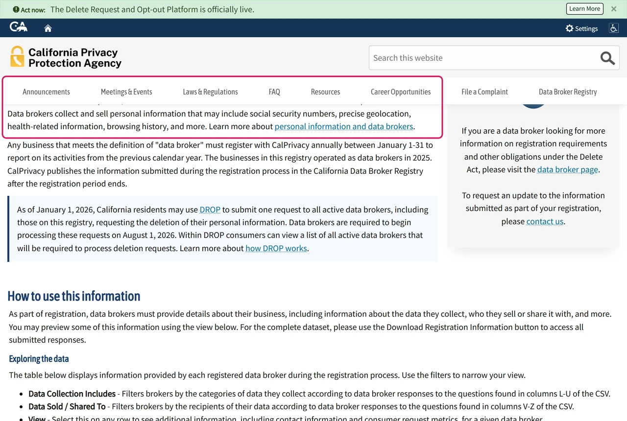 California Privacy Protection Agency data broker registry page with its definition of a data broker