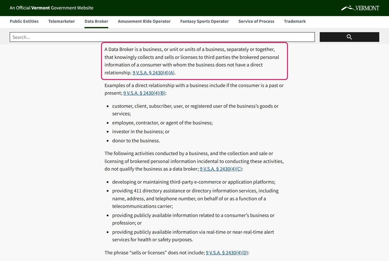 Vermont Secretary of State data broker page quoting the definition from 9 V.S.A. § 2430(4)(A)