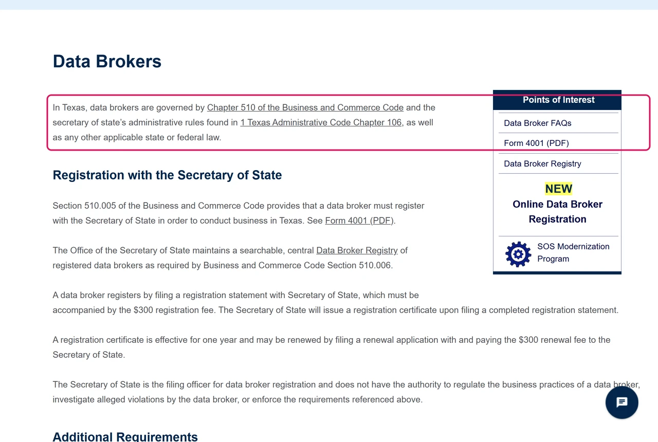 Texas Secretary of State data brokers page citing Chapter 510 of the Business and Commerce Code and the Data Broker Registry link