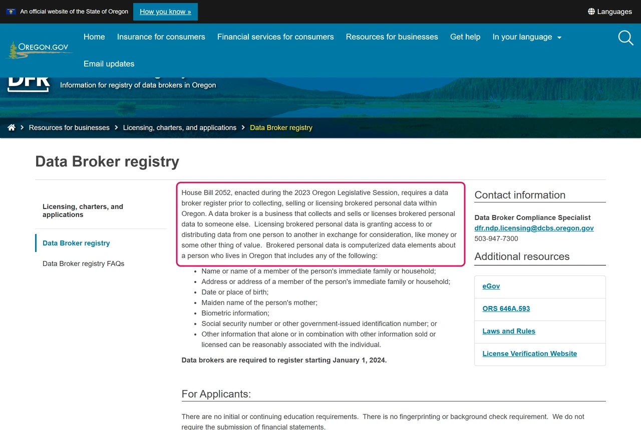 Oregon Division of Financial Regulation data broker registry page defining a data broker and brokered personal data