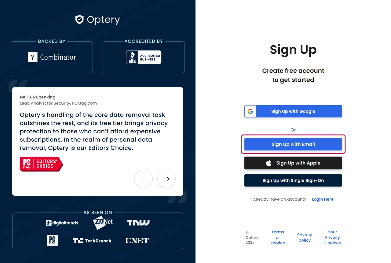 Optery sign-up page with buttons to sign up with Google, Email, Apple or single sign-on