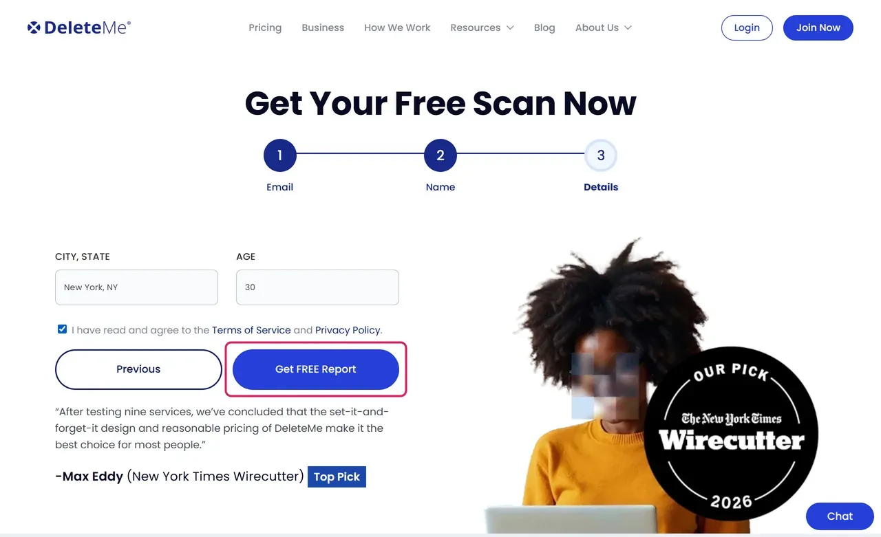DeleteMe free scan step 3 with city, state, age and the Get FREE Report button