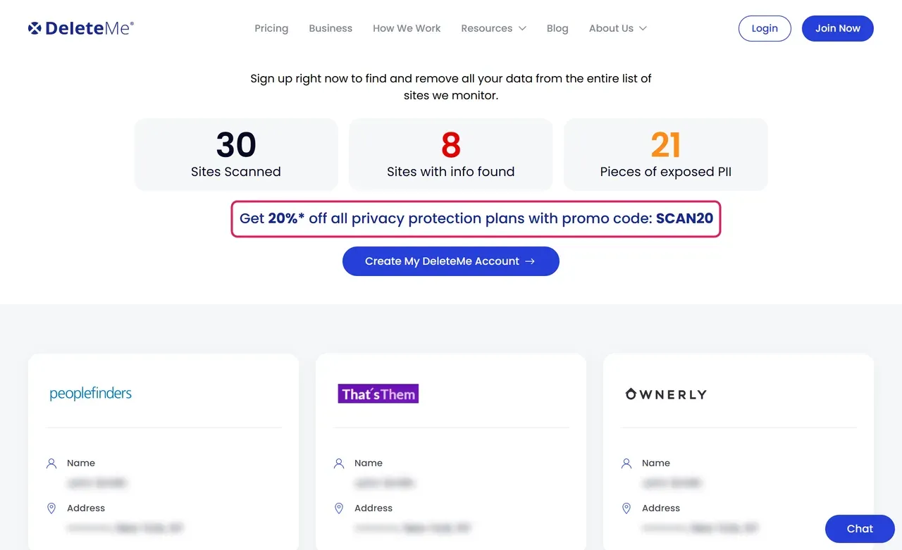 DeleteMe free scan result offering 20% off all privacy protection plans with promo code SCAN20
