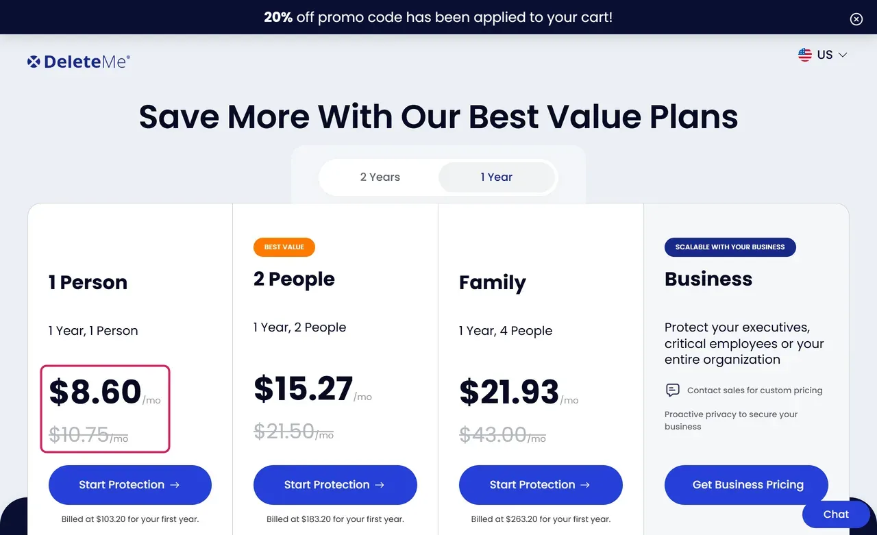 DeleteMe plans page with SCAN20 applied, 1 Person $8.60 a month instead of $10.75