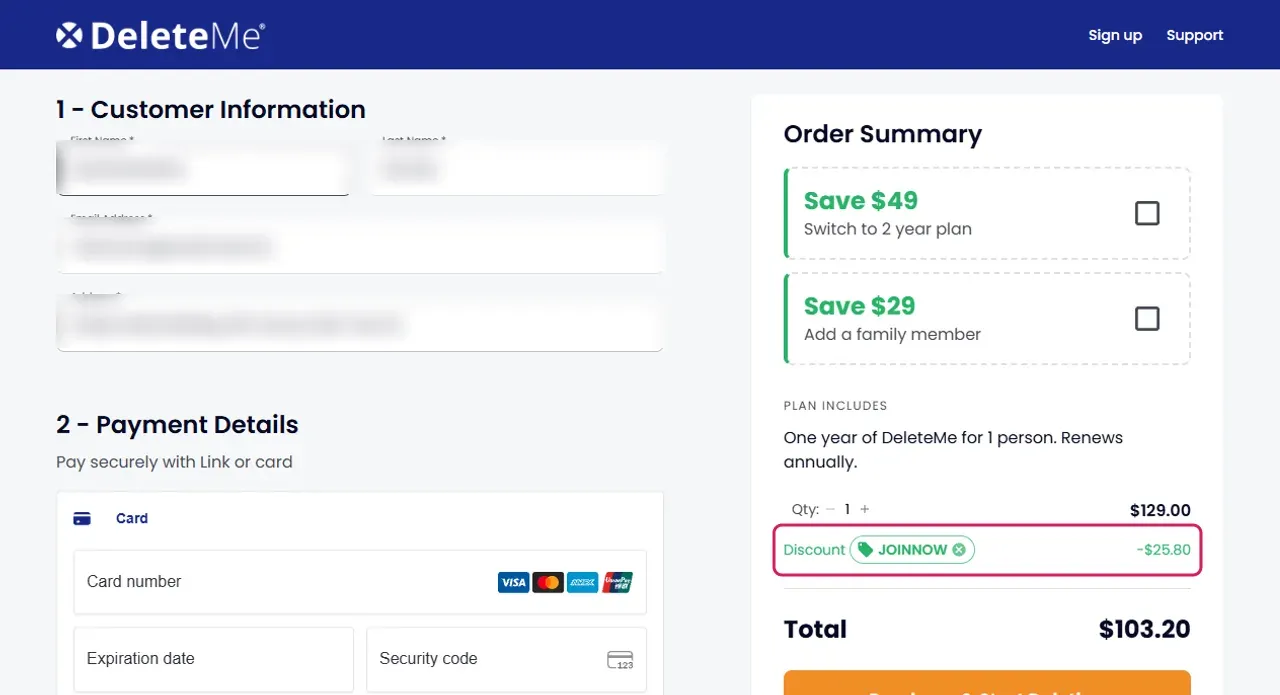 DeleteMe checkout with code JOINNOW, discount $25.80, total $103.20