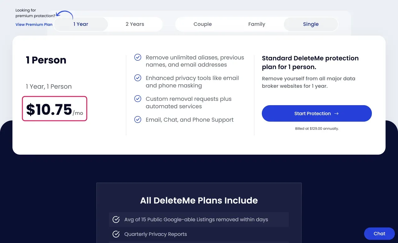 DeleteMe pricing page, 1 Year and Single selected, $10.75 per month