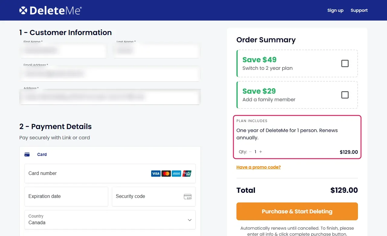 DeleteMe checkout order summary, one year of DeleteMe for 1 person, renews annually, $129.00