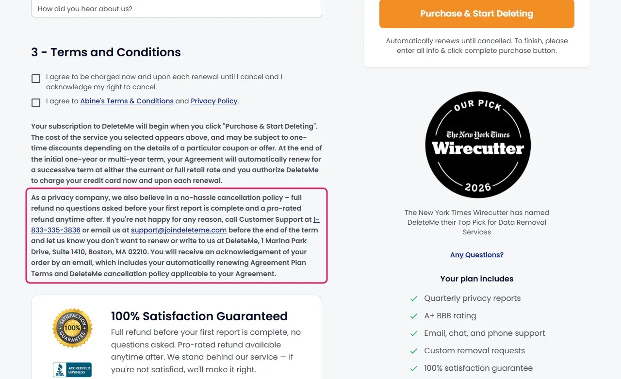 DeleteMe checkout terms on cancellation, full refund before the first report and prorated refund after