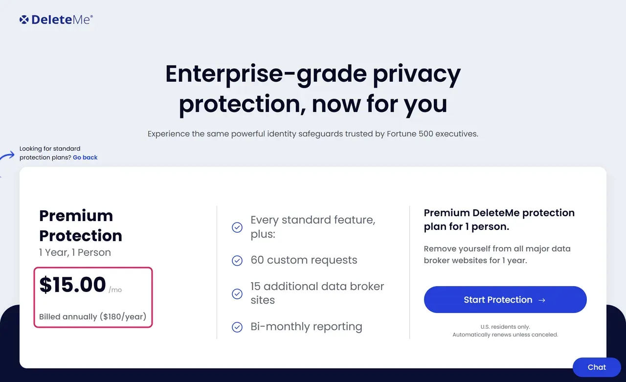 DeleteMe Premium plan at $15.00 a month, billed $180 a year