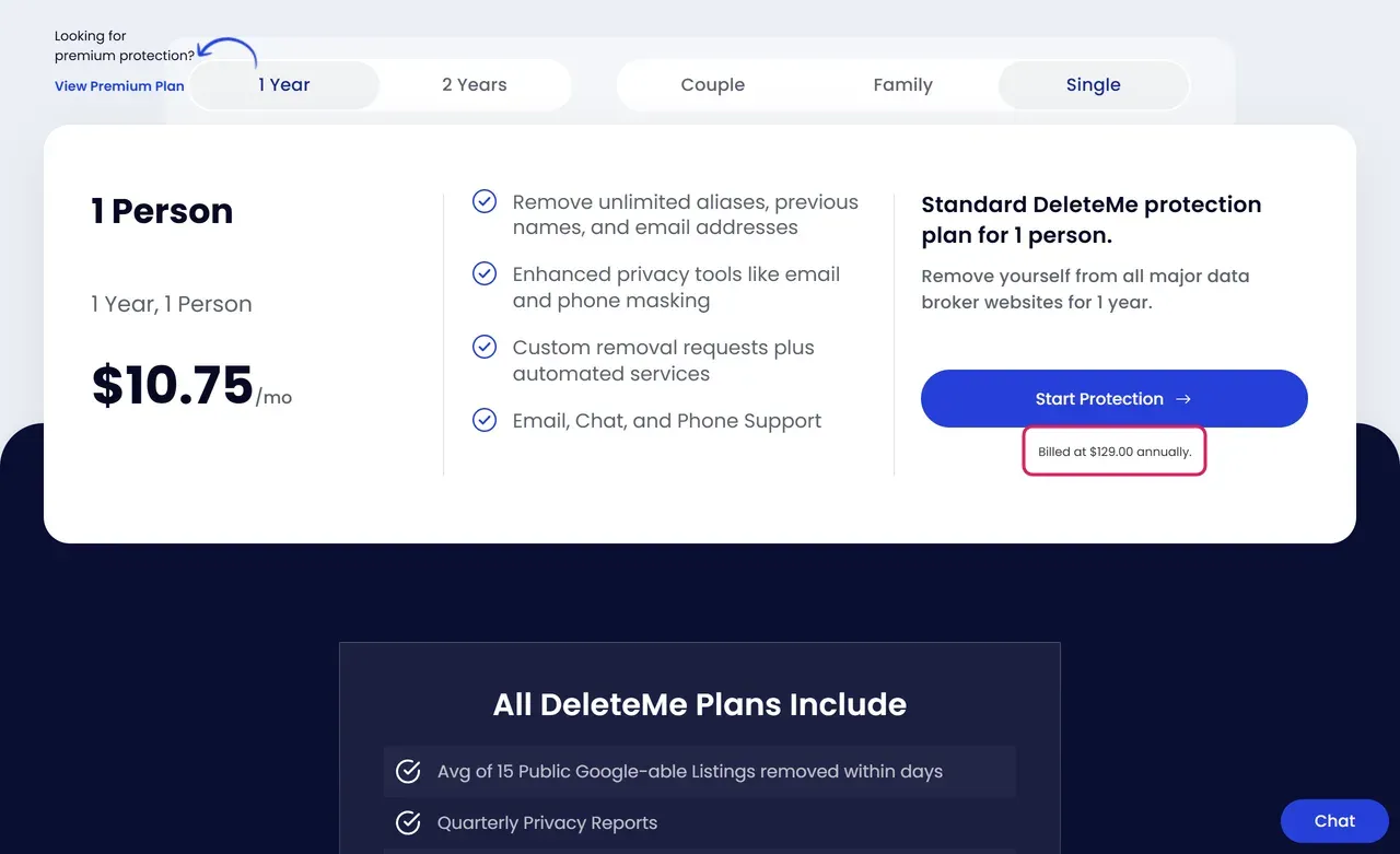 DeleteMe pricing page, 1 Year and Single selected, $10.75 a month billed $129.00 annually
