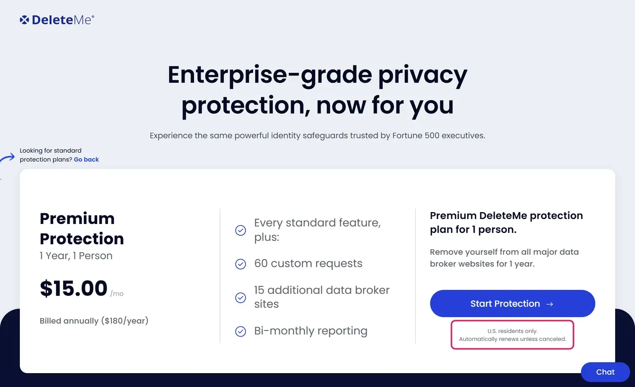 DeleteMe Premium plan card at $15.00 a month billed $180 a year, U.S. residents only