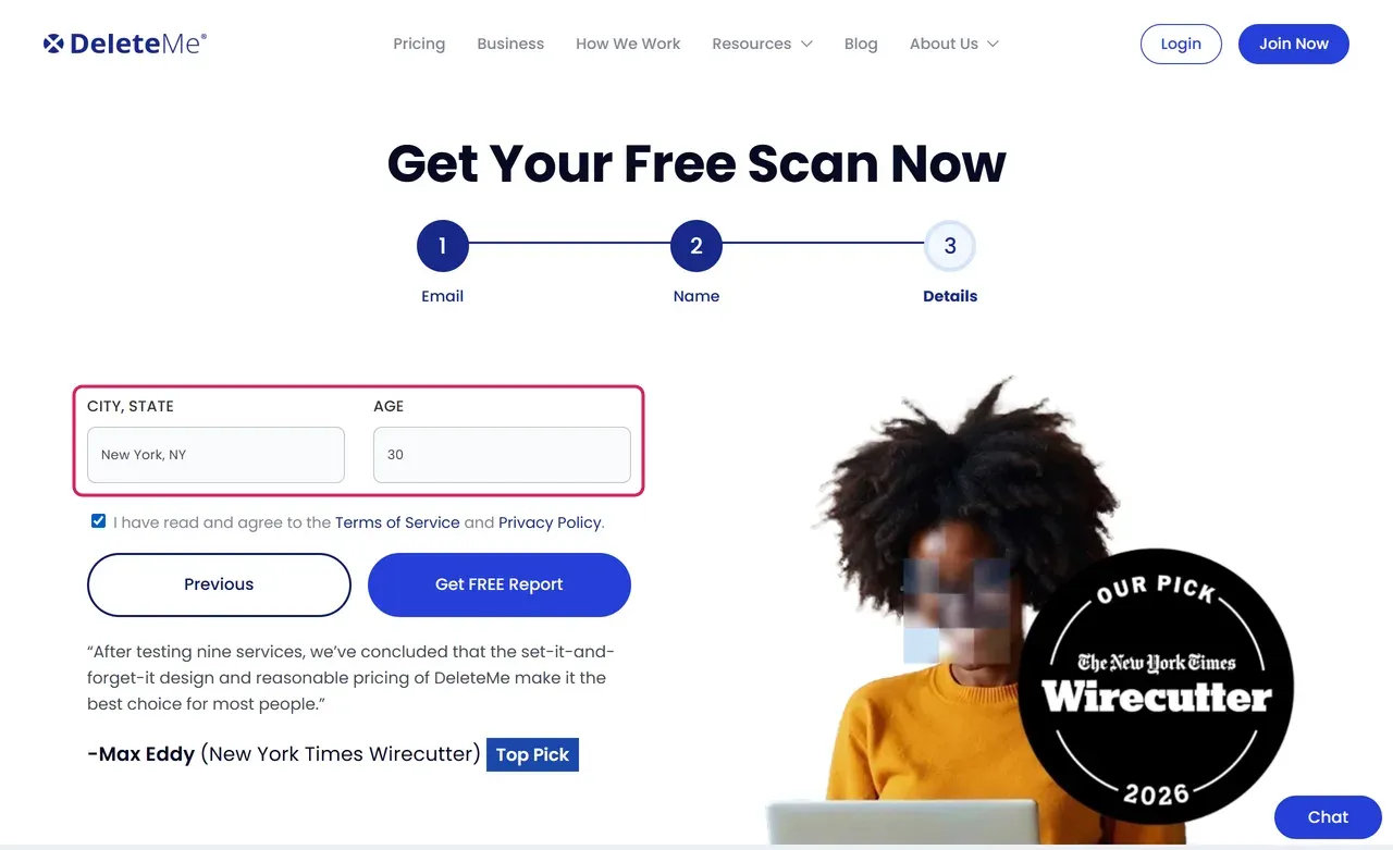 DeleteMe free scan, step 3 of 3, asking for city, state and age