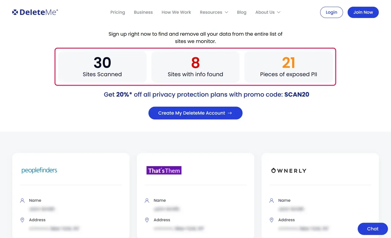DeleteMe free scan result for a common name, 30 sites scanned, 8 sites with info found, 21 pieces of exposed PII