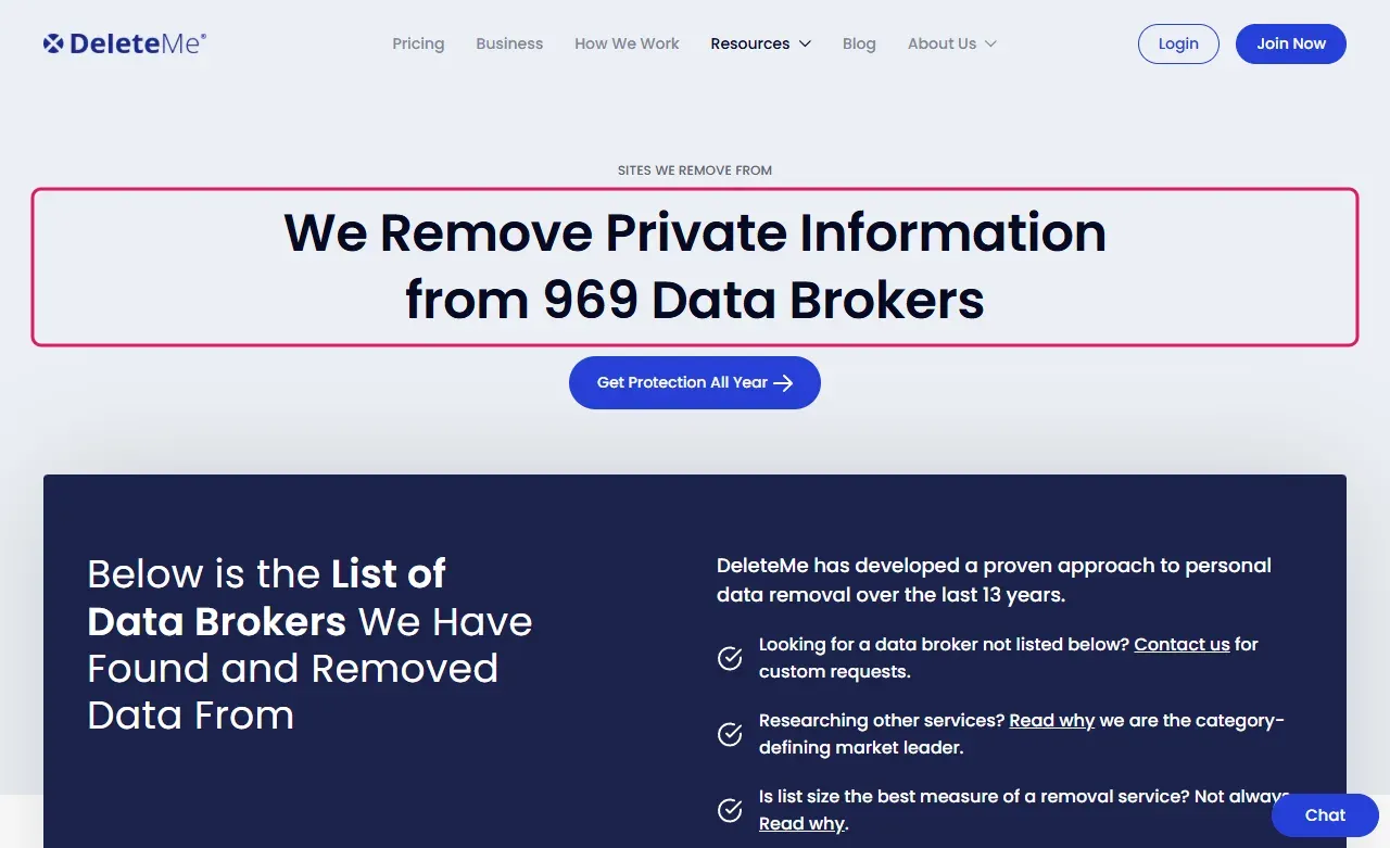 DeleteMe Sites We Remove From page with the heading We Remove Private Information from 969 Data Brokers