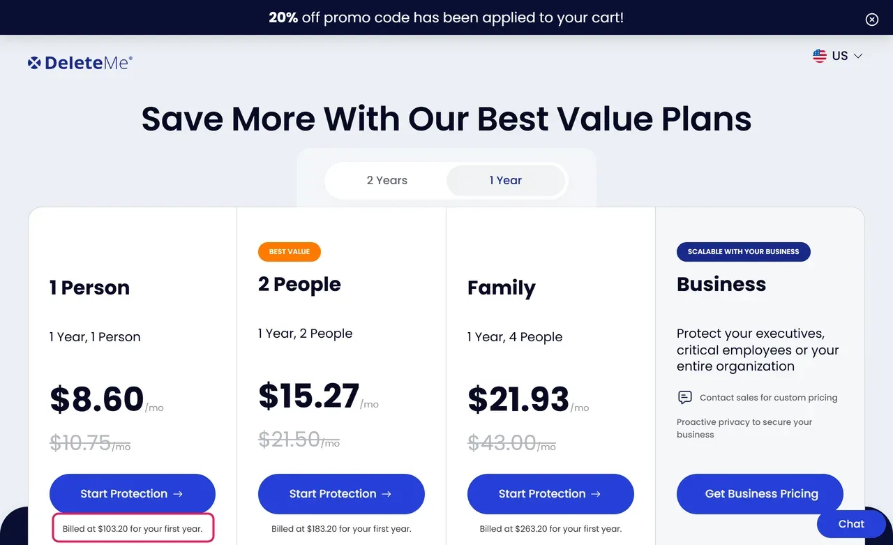 DeleteMe plans page with SCAN20 applied, 1 person billed $103.20 for the first year