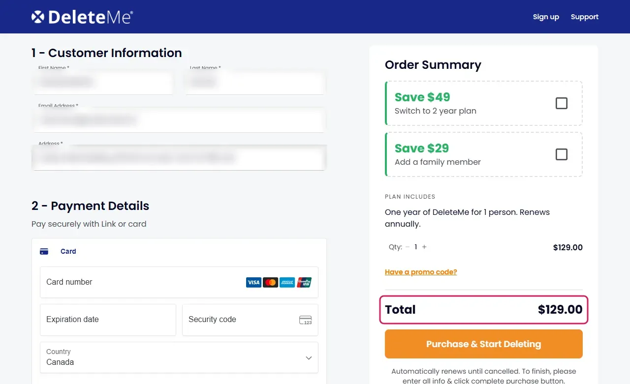 DeleteMe checkout, 1 year for 1 person, order total $129.00 with no tax line
