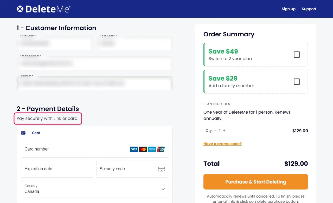 DeleteMe checkout payment section reading Pay securely with Link or card