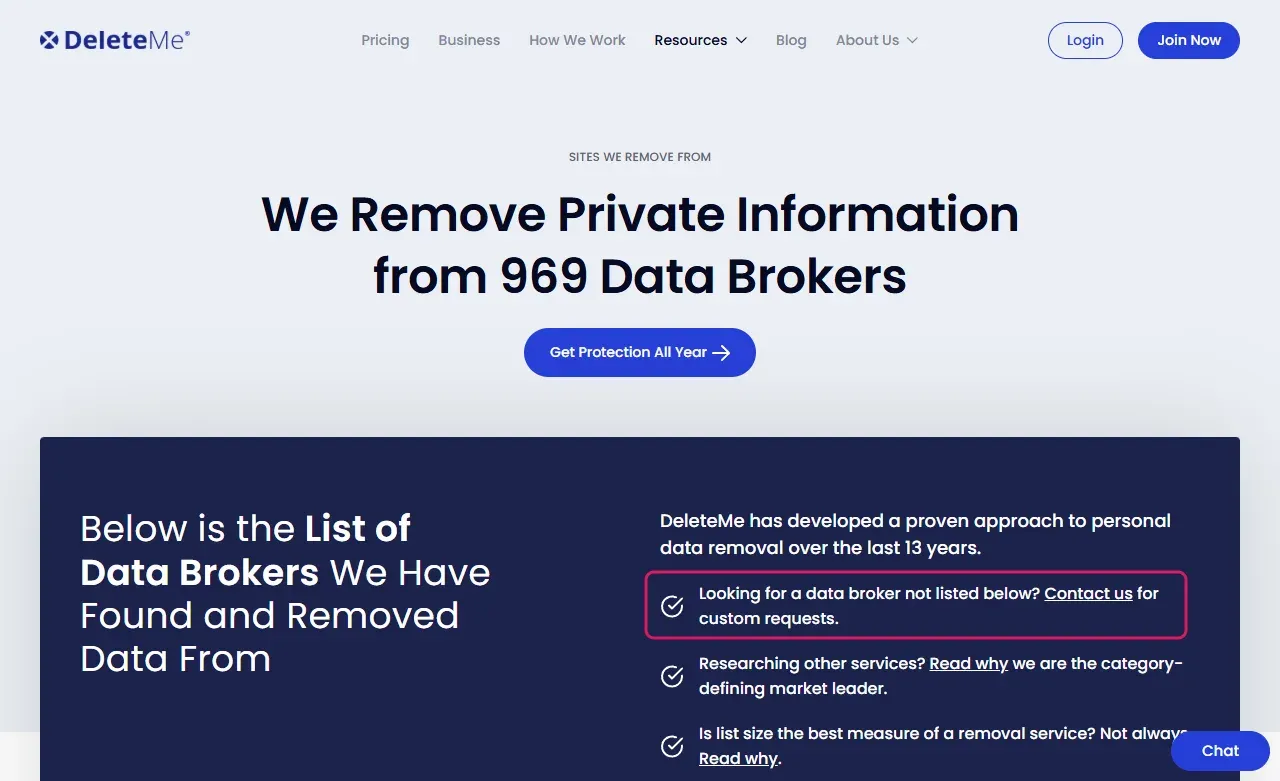 DeleteMe list page noting Looking for a data broker not listed below? Contact us for custom requests