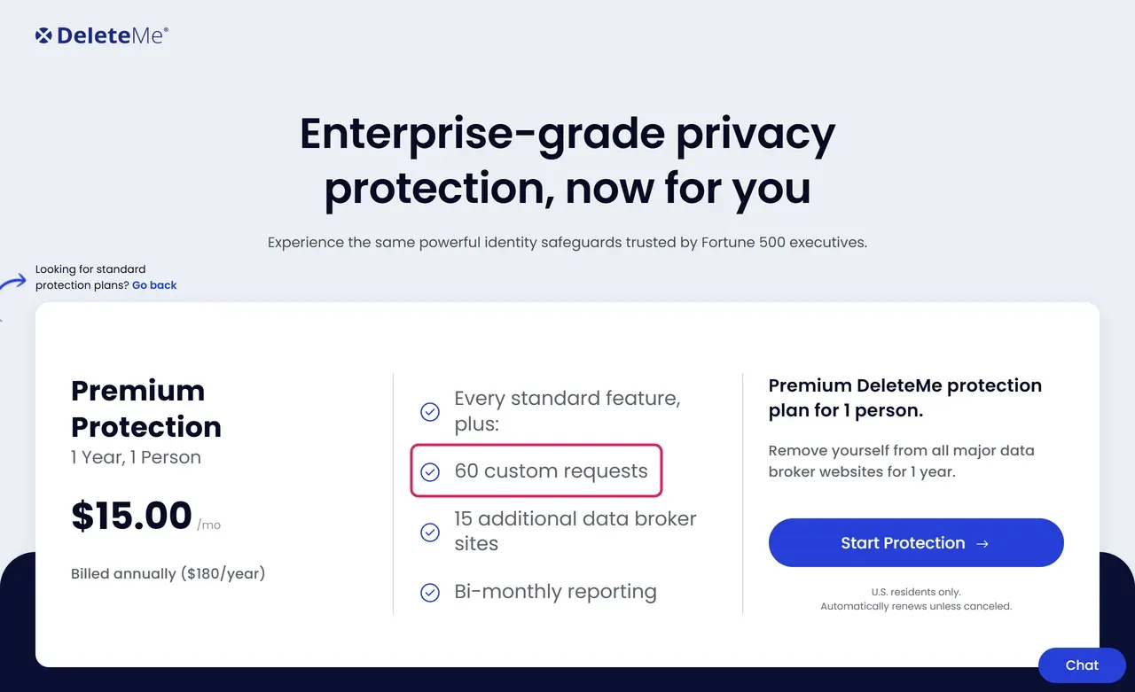 DeleteMe Premium plan card listing 60 custom requests