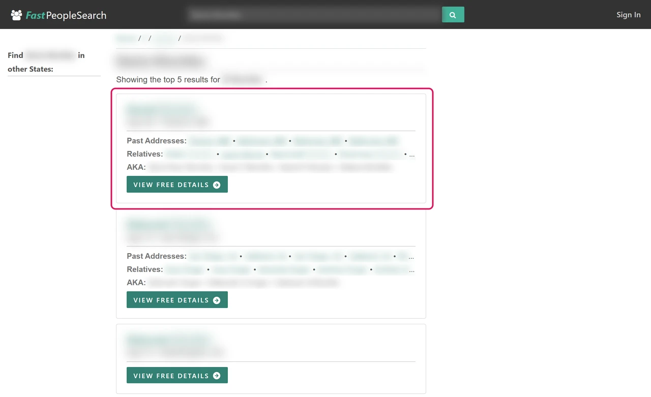 FastPeopleSearch name search results with names, ages, cities, past addresses, relatives and aliases blurred